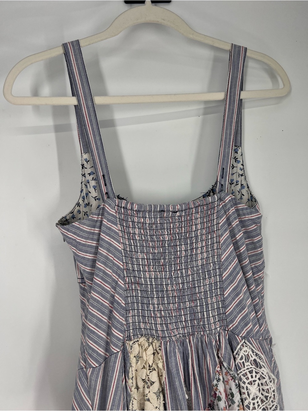 Pilcro Patchwork Upcycled Striped Sleeveless Ruffle Bohemian Prairie Midi Dress - Picture 6 of 9